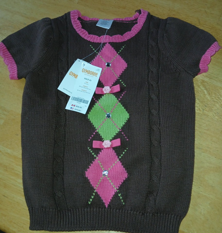 GYMBOREE GIRL&#39;S SS KNIT PULLOVER SWEATER-XS(3/4)-NWT-BROWN W/PINK-$34.95... - £11.20 GBP
