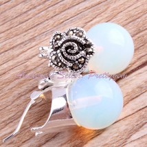 12mm Round Opalite Cat Eye Beads Earrings Marcastie Flower Tibetan Silver Huggie - £16.46 GBP