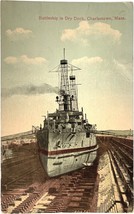 Battleship in Dry Dock, Massachusetts, vintage postcard - £9.43 GBP