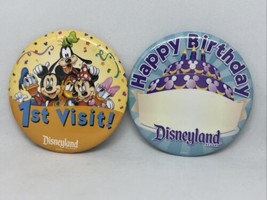 Walt Disney World 3&quot; Buttons Lot Of 2 &quot;Happy Birthday&quot; &amp; &quot;1st Visit&quot; Pin Style  - £7.58 GBP