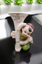 Vintage Boy Tuba Porcelain Bud Vase Japan Original Woolworth Tag Green 6in - $11.30