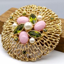 Vintage Sarah Coventry Fashion Splendor Brooch, Pink Cabs Faux Pearls and Green - £29.81 GBP