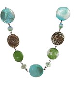 Colorful Green &amp; Blue Disc Necklace With Hammered Gold-Tone Accents Boho... - $33.80 CAD