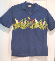 Aloha Republic Hawaiian Shirt Mens L Parrots Palm Blue Made Hawaii USA - £18.58 GBP