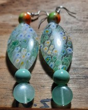 Handcrafted  millefiori sea foam colored earrings 2.5&quot; long - £12.65 GBP