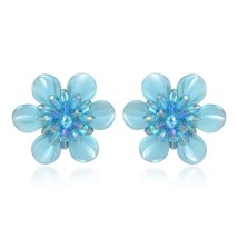 Shimmering Light Blue Metallic and Crystal Bead Flower Clip-On Earrings - £14.31 GBP