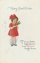 Vintage Postcard Christmas Little Girl Holly 1915 Hearty Good Wishes Embossed - £7.07 GBP