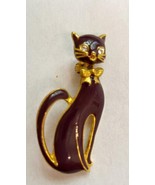 Vintage Brooch Pin 2&quot; Eggplant Purple Enamel Gold Trim Cat w Jeweled Eyes - €10,19 EUR
