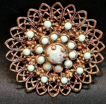 Vintage 1950s Copper Filagree Faux Turquoise Snowflake Floral Estate Bro... - $25.22