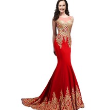 Kivary Sheer Top Mermaid Gold Lace Long Crystals Formal Evening Prom Dresses Red - £85.35 GBP