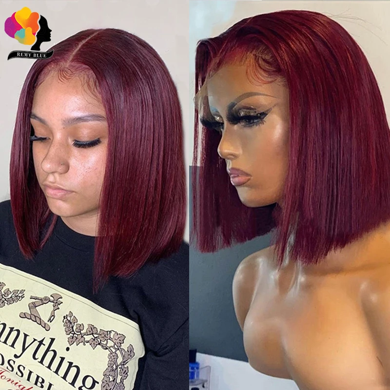 Burgundy Bob Wig Lace Front Human Hair Wigs Pre-Plucked 99J Red Blonde Colored - £48.41 GBP+