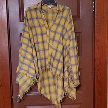 Umgee Plaid Oversized Tunic Yellow Raw Frayed Edges Henley Shirt Swing Trapeze - £15.48 GBP