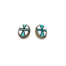Vintage Sign Sterling C J ED Navajo Zuni Inlay MOP Turquoise Onyx Oval Earrings - £58.72 GBP
