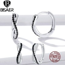 BISAER Infinity Love Hoop Earrings Real 925 Silver Black Zircon Round Earrings F - £18.55 GBP
