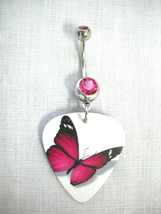 New Purple Pink Butterfly Print Guitar Pick On 14g Fuscia Cz Belly Ring Barbell - £4.71 GBP