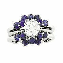 Lab-Created Saphir Bleu Solitaire Rehausseur Garde Drapé Insert Bague Argent - £161.23 GBP