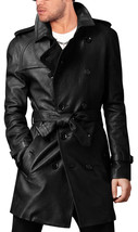 Men&#39;s Leather Trench Coat Belted Long Leather Coat Jacket - Fast Ship - £86.55 GBP