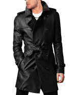 Men&#39;s Leather Trench Coat Belted Long Leather Coat Jacket - Fast Ship - £87.81 GBP