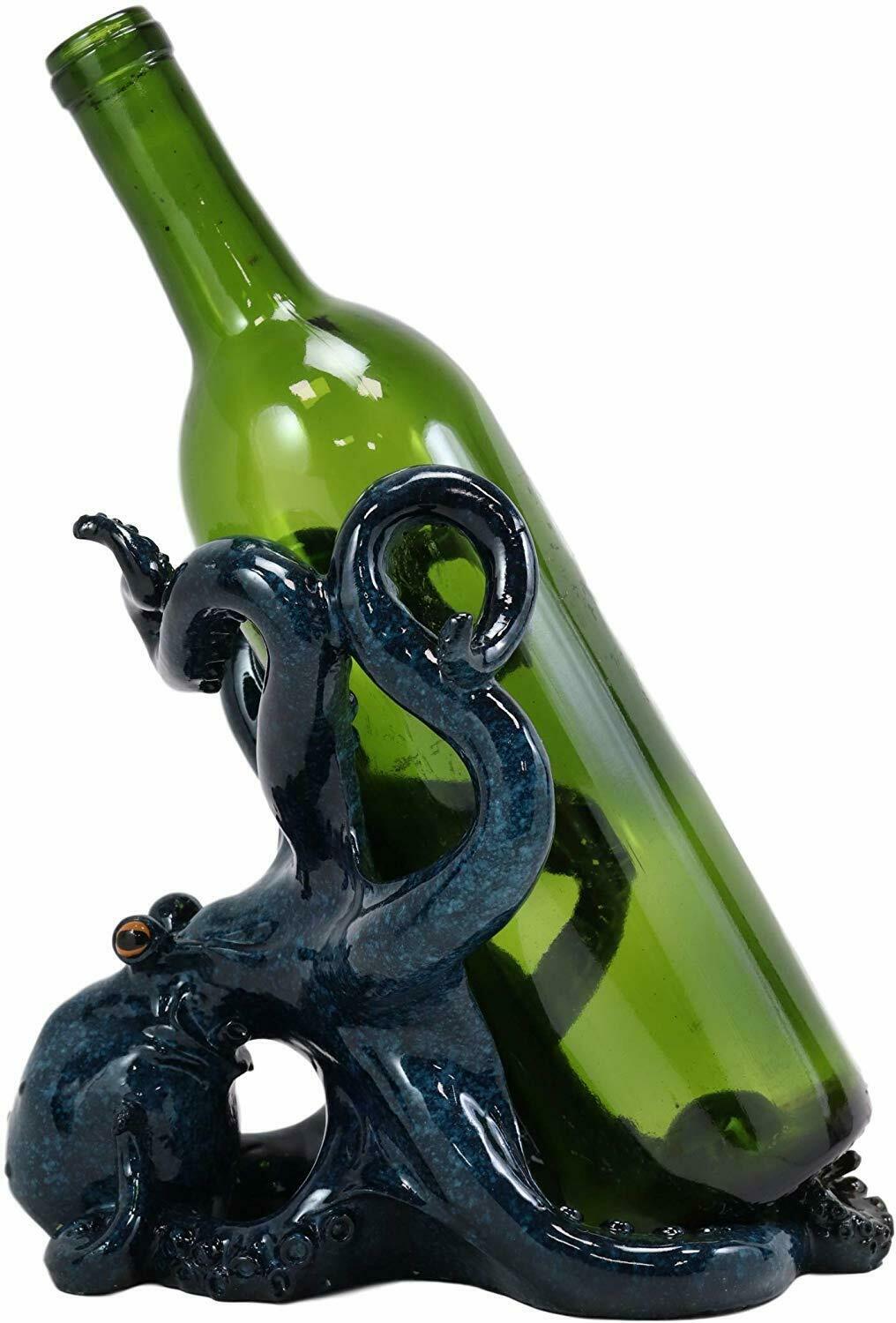 Nautical Deep Sea Blue Octopus Wine Holder 8"L Cephalopod Giant Kraken Figurine