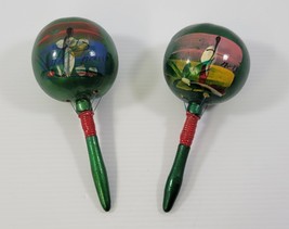 K) Vintage Pair 2 Handpainted Wood Maraca Mexico Fiesta Party Hand Rattl... - $20.82 CAD