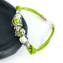 Lime Green Leather Bracelet Rhinestone Crystal Silver Tone Boho Adjustable Bling - £27.96 GBP