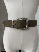Vintage 90s Brighton Sage Olive Green Nubuck Leather Belt Silver Buckle M - $7.78