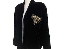 Donna Karan New York Black Velour Jacket Size 4 Gold Embroidery Fully Lined - £52.18 GBP