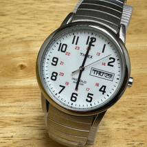 Timex Quartz Watch Men 30m Indiglo Military Dial Silver Date Analog New ... - $26.59