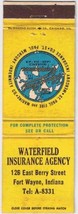 Matchbook Cover Waterfield Insurance Agency Fort Wayne Indiana - £1.73 GBP