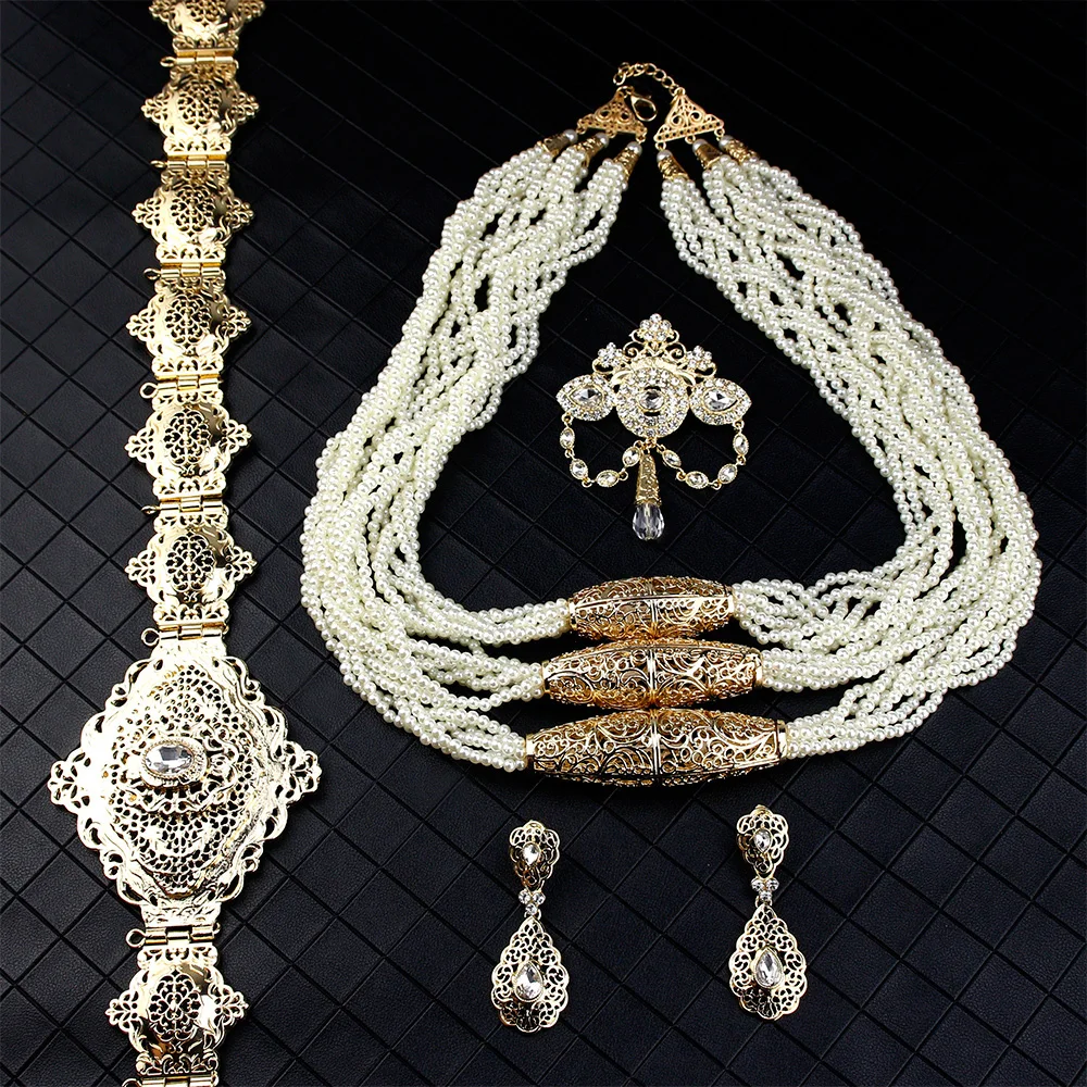 Gold Color Moroccan Wedding Jewelry Sets For Women Bead Necklace Brooch Drop Ear - £91.14 GBP