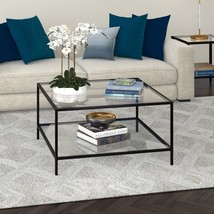 32&#39;&#39; Square Coffee Table with Glass Shelf Black Mid-Century Modern Metal... - $183.14