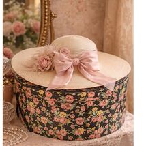 VTG 1940s XL Floral Wallpaper Hat Box Black Pink Boudoir 18" - $148.45