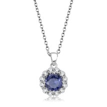 Round Synthetic Tanzanite Glass Flower Pendant Rhodium Plated Necklace 16&quot; - £39.07 GBP