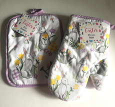 Easter Bunny Oven Mitt Pot Holder Set of 2 White Lavender Spring 100% Co... - $19.57