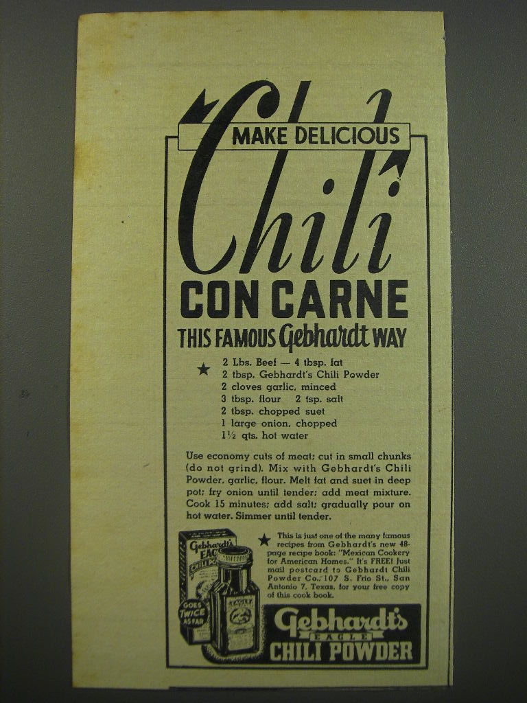 Primary image for 1945 Gebhardt's Eagle Chili Powder Advertisement - deliious chili con carne