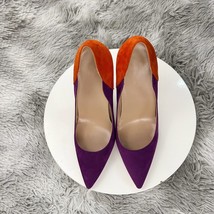 sexy Orange Purple Color block Patchwork Women Flock Pointy Toe High Heel Shoes  - £59.90 GBP
