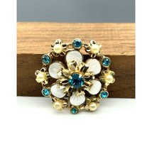 Vintage Forget Me Not Brooch, Seed Pearls Guilloche Enamel Bright Blue Crystals - £59.69 GBP
