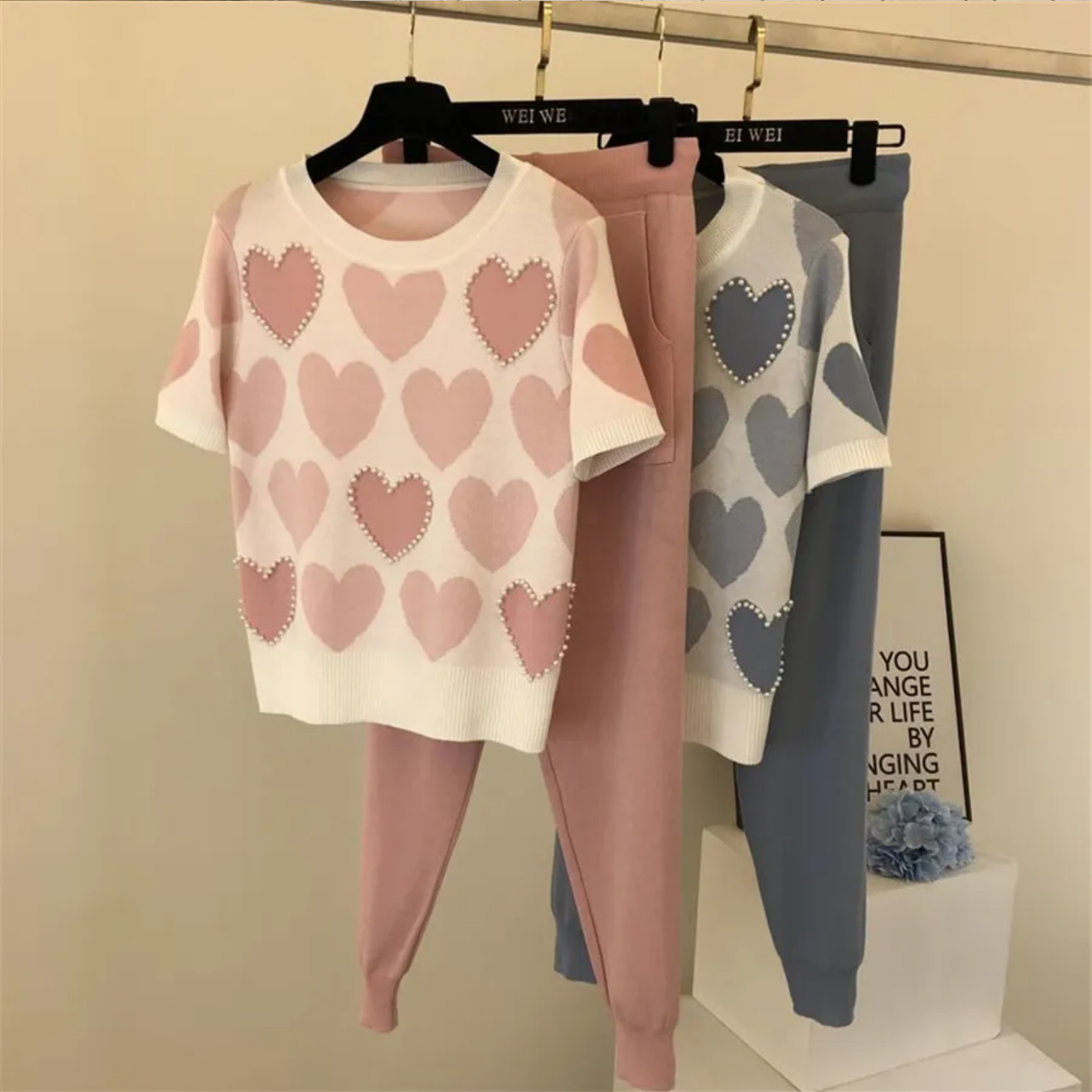 Jacquard Knit Short Sleeve Basic Women Pullover Beaded Sweater Tracksuits + Capr