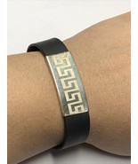 Sterling Silver 925 Italy Greek Key Tag  Black Rubber Band Bracelet 8.25” - €38,39 EUR
