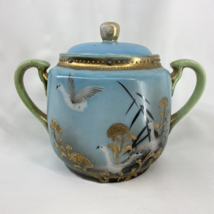 VTG Japanese Porcelain Blue Green &amp; Gold Floral Sugar Bowl Japan Birds in Flight - £19.26 GBP