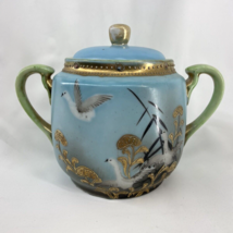 VTG Japanese Porcelain Blue Green &amp; Gold Floral Sugar Bowl Japan Birds in Flight - £19.60 GBP