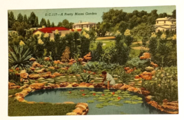 A Pretty Miami Garden Flowers Plants Pond FL Linen Curt Teich UNP Postcard 1940 - £6.32 GBP