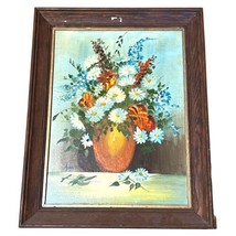 Boho Framed Flower Oil Painting Wood VTG Large 23X29 Floral Artist Signed READ - £62.89 GBP