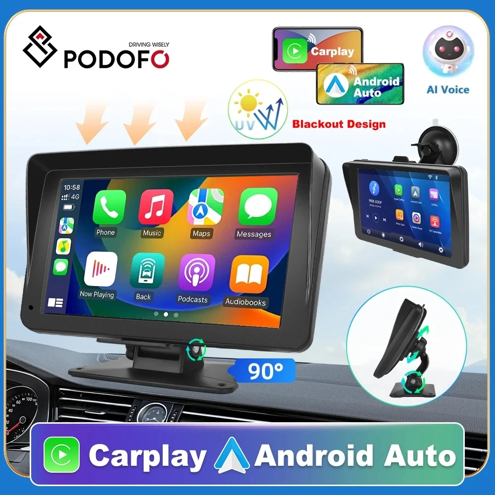 Podofo 7&#39;&#39; Car Mirror Carplay Recording Carplay &amp; Android Auto Voice Control - £65.46 GBP+