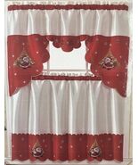 SAINT CLAUS RED CHRISTMAS HOLIDAYS  COLOR EMBROIDERY KITCHEN CURTAIN 3 P... - $24.74