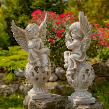 Zaer Ltd. Set of 2 Cherub Statues in Stone Grey Finish (21&quot; T. Yael &amp; Cael) - $199.95+