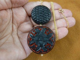 J27-8  Black CINNABAR carved wood lacquer bead jewelry 18&quot; Pendant gold necklace - £20.16 GBP
