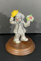 Vintage George Good Cast Pewter Clown On Wood Base With Flowers 3&quot; Tall - £7.47 GBP