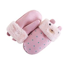 Children Hanging Neck Gloves Warm Winter Mittens Cute Mittens Plush Gloves Pink