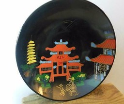 Vintage Hand Painted Lacquer Bowl Temple and Rickshaw 7.75&quot; Japan? - £12.43 GBP